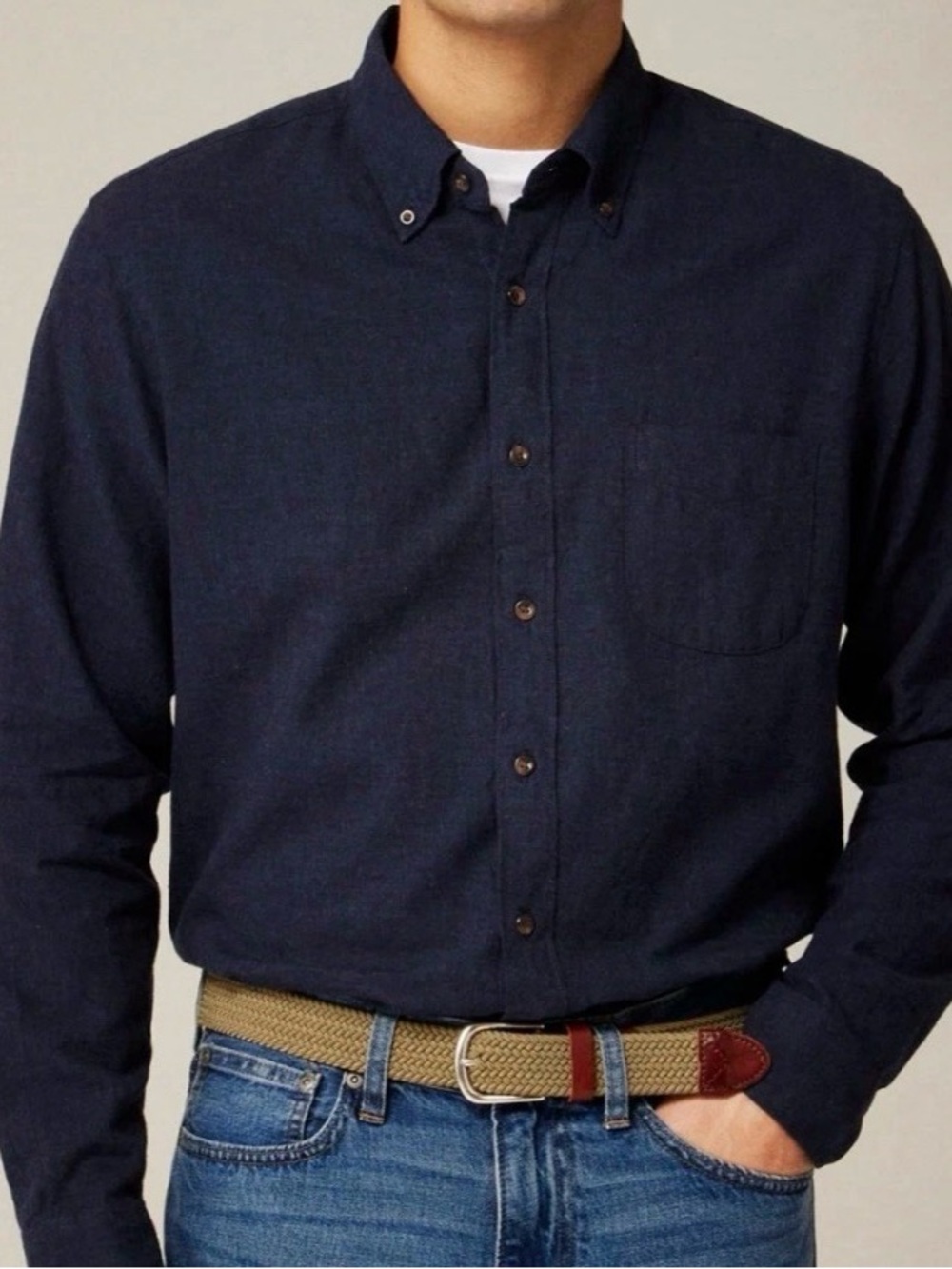 J. Crew Men's Brushed Twill Long Sleeve Navy Button Down | Fall Work Casual  XL
